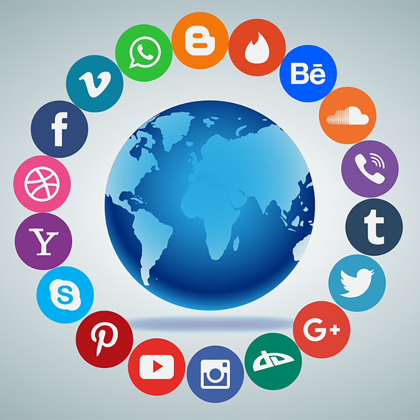 social media icons around image of the earth